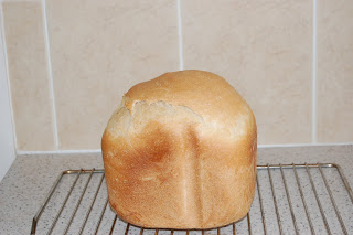 A freshly baked loaf of bread, made with the Panasonic SD-254 breadmaker, sits on a metal cooling rack on a kitchen worktop with light-coloured tiles in the background.