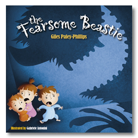Book cover for the children's picture book "The Fearsome Beastie" by Giles Paley-Phillips, showing three frightened children running from a large, shadowy beast with sharp teeth looming above them. The background is dark blue.