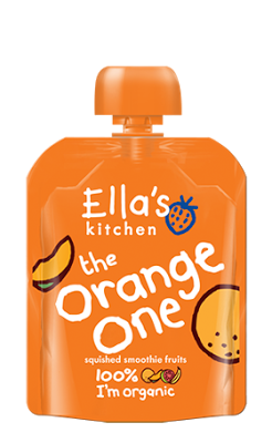 An orange fruit smoothie pouch labelled "Ella's Kitchen The Orange One," featuring playful fruit illustrations and highlighting that The Orange One contains 100% organic squished smoothie fruits.