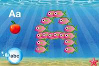 Colourful illustration with fish forming a capital "A" underwater, an apple, and the letter "A" in uppercase and lowercase—perfect for Kids Apps or Mobile Apps for Children to make learning fun and engaging.