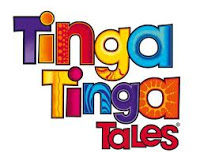 Colourful "Tinga Tinga Tales" logo with bold, patterned letters in orange, red, yellow, blue, and purple, each with unique designs inspired by African art styles—featuring playful Monkey shapes from Up Down All Around.