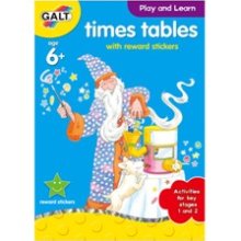 A colourful "Times Tables" activity book cover from Galt Play features a wizard in a star-patterned robe, a white dog, and bright illustrations. Perfect for ages 6+ to learn and includes reward stickers. Published by Galt.