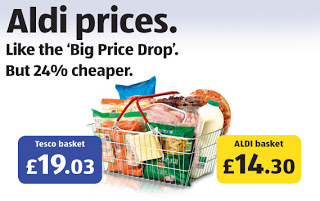 A shopping basket filled with groceries is shown. Text compares prices: Tesco basket £19.03 (blue label), Aldi basket £14.30 (yellow label), highlighting Aldi as 24% cheaper for your essentials.