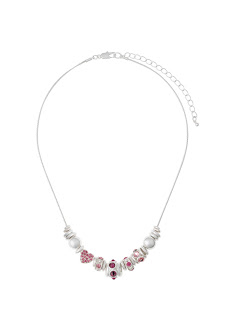 A delicate silver necklace with an adjustable chain, featuring a cluster of white, silver, and pink beads at the centre—perfect for showing support during Breast Cancer Awareness Month.