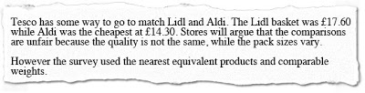 A torn newspaper cutting compares grocery prices, stating Tesco is dearer than Lidl (£17.60) and Aldi (£14.30), but notes the survey used similar products and weights despite differences in Aldi’s quality and pack sizes.