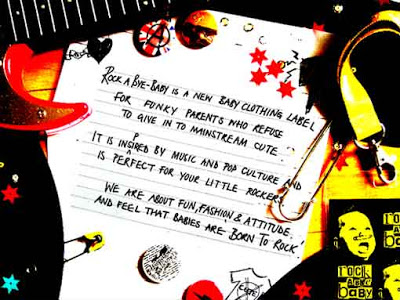 A promotional image for Rock A Bye Baby Clothing features a handwritten note about the brand, surrounded by musical items like a guitar, badge, guitar strap, and star stickers, with a bright, high-contrast colour scheme.