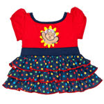 A colourful baby dress with red short sleeves, a bear graphic on the chest inspired by Build-A-Bear Workshop, and a navy blue ruffled skirt featuring multicoloured polka dots—perfect for supporting children in need.