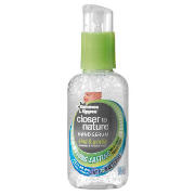 A clear plastic pump bottle with a green cap, labelled "closer to nature hand & mouth sanitiser" from Tommee Tippee. The bottle contains a clear hand serum gel and features a blue and green label.