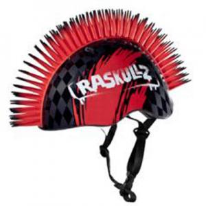A bold black and red Raskullz safety helmet featuring a spiked mohican design and "Raskullz" written on the side. The helmet includes an adjustable chin strap for comfort and security.