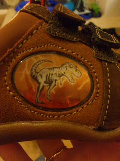 Close-up of James's New Shoes—a brown shoe with an oval-shaped patch featuring a cartoon T-Rex dinosaur on a red background accented by yellow lightning-like streaks.
