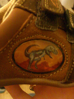 A close-up of James's new trainers showcases a brown shoe with an oval patch featuring a cartoon-style T. rex dinosaur standing against an orange-red background.