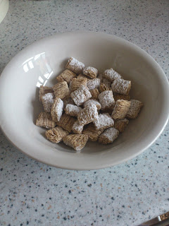 A white bowl filled with Kellogg's shredded wheat cereal squares, some coated with icing sugar, sits on a speckled worktop.