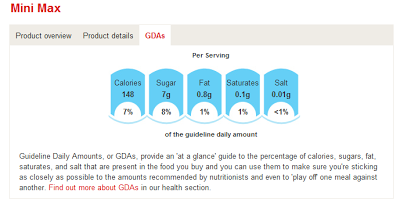 A nutrition info chart for Kellogg's Mini Max cereal shows per serving: 148 calories (7%), 7g sugar (8%), 0.8g fat (1%), 0.1g saturates (