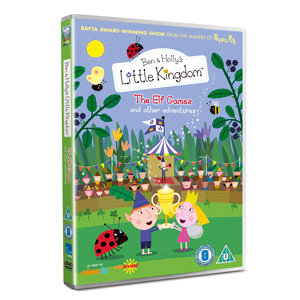 DVD cover for Ben and Holly’s Little Kingdom: The Elf Games DVD, featuring animated characters Ben and Holly in a colourful, whimsical outdoor scene filled with ladybirds, flowers, and playful elves.