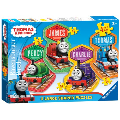 Box of "Thomas & Friends" shaped jigsaw puzzles by Ravensburger featuring Percy, James, Charlie, and Thomas. Each character has a corresponding shaped puzzle for ages 3+, with piece counts shown for each engine.