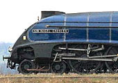 Side view of a blue streamlined steam locomotive with visible wheels, rods, and the nameplate "Sir Nigel Gresley" on the side, captured during Railfest 2012—a perfect highlight for a family day out or half-term holiday adventure.