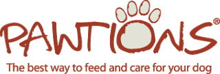 PAWTIONS appears in brown, playful letters with a paw print forming the "O." Below, red text reads: "Pawtions—the best way to feed and care for your dog.