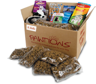 A Pawtions cardboard box contains bags of dry dog food and pet supplies, including toys, treats, and grooming items. Several sealed Pawtions dog food bags are displayed in front of the box.