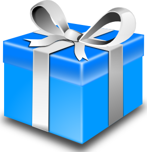 A bright blue gift box with a shiny silver ribbon and bow, viewed at an angle from the front—perfect for a Christmas Giveaway. The box casts a soft shadow on a light background.