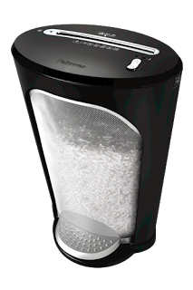 A black Fellowes shredder with a transparent front panel showing shredded paper inside, viewed from an angled top perspective—ideal for those seeking a reliable choice after reading a Fellowes shredder review.