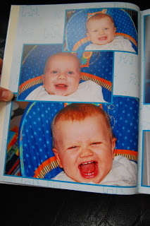 A photo album page from a Crewe photo book displays three pictures of a happy baby with fair skin and ginger hair, sitting in a blue polka-dot chair, smiling and laughing energetically in each photo.