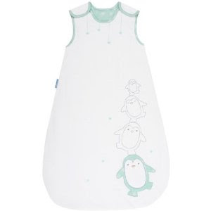 A white baby sleeping bag with light green trim and four cute penguins on the front, perfect for Christmas cuddles—an adorable choice for Day 3 of the 12 Days of Christmas.