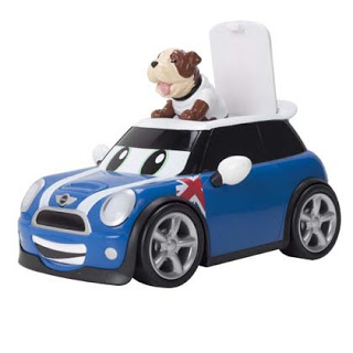 A toy blue Mini Cooper car with cartoon eyes, a Union Jack decal, and a smiling bulldog figure popping out from an open roof hatch—perfect for younger children and unique Christmas gift ideas.
