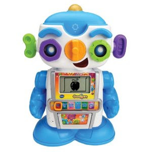 A colourful Vtech toy robot with blue arms and feet, green and purple gear-shaped eyes, and a chest screen displaying a cartoon bug. The robot has a cheerful expression and various interactive features—perfect for any gadget review!.