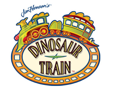 Colourful logo for "Dinosaur Train," featuring a train with a dinosaur head as the engine and train cars above an oval sign with the show's title in a film strip frame—perfect for any Dinosaur Train toy review. Jim Henson's name appears above.