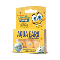 A packet of Aqua Ears soft silicone earplugs featuring a SpongeBob SquarePants design. The yellow box displays three reusable, non-allergenic earplugs, perfect for ages 3 and up—help children win the competition against water!.