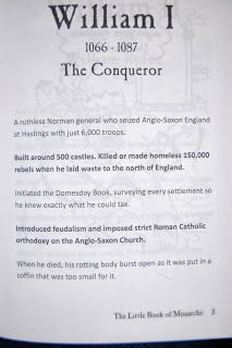 A page from the Little Book of Monarchs about William I, "The Conqueror," lists his achievements—seizing England, building castles, the Domesday Book, and feudalism—with some text in blue for emphasis. Perfect for a monarchs book review.
