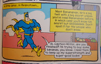 A comic panel shows superhero Batrunner in blue and yellow talking to someone off-screen. A caption bubble below has a character asking him to try some bananas—a fun scene inspired by the 2014 Beano Annual, perfect as a gift idea.