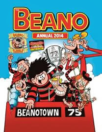 The cover of the 2014 Beano Annual features comic characters celebrating in a red open-top bus with a “Beanotown 75” sign and holding a trophy, set against a blue background—a perfect gift idea for fans.