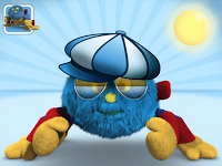 A blue, fuzzy cartoon creature inspired by Woolly & Tig wears sunglasses and a blue-and-white cap, striking a pose with yellow gloves. The light blue background features a bright sun with beams radiating outwards.