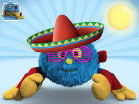 A fuzzy blue creature inspired by Woolly & Tig wears a red and green sombrero, pink shutter shades, yellow gloves, and red boots, standing in a stylised setting with a bright sun in the background.