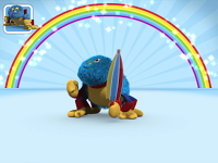 A cartoon character inspired by Woolly & Tig is holding a brolly.