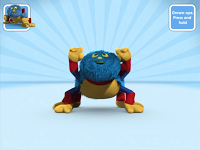 A colourful, cartoonish, blue and yellow monster with red gloves and boots crouches with arms raised on a light blue, radial background. Reminiscent of Woolly & Tig characters, an inset shows the monster sitting. Text says, "Groven ups: Press and hold.