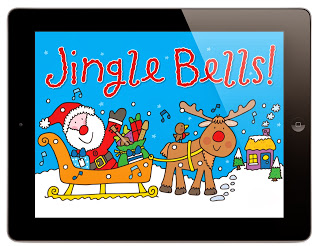 A cartoon Father Christmas in a sleigh filled with presents is pulled by a smiling reindeer. Musical notes float around them, inviting you to sing and play. "Jingle Bells!" is written in large red letters on a blue background with snow—perfect for your app!.