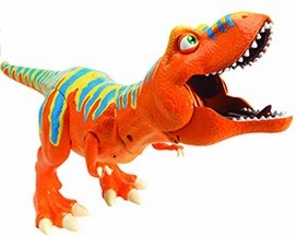 A brightly coloured orange toy dinosaur from Dinosaur Train, with blue and yellow stripes, green eyes, an open mouth showing white teeth, and three large white claws on each foot—perfect for Christmas gift-giving.