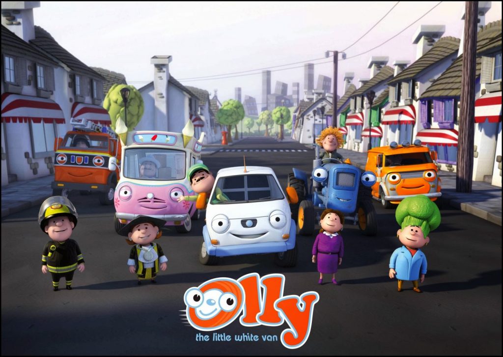 Animated scene from Olly the Little White Van, featuring smiling vehicles and cheerful characters standing together on a bright street lined with houses and red-and-white canopies.