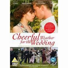 DVD cover for "Cheerful Weather for the Wedding," featuring a close-up of a woman and man looking at each other, with a family wedding scene and group of people relaxing in the background.
