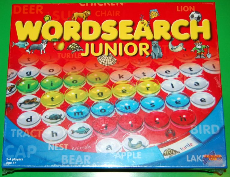 The Wordsearch Junior box features colourful animal illustrations, bold yellow title text, and a fun game board. Perfect for ages 4+, it's ideal for friendly competition or anyone seeking a family-friendly wordsearch game.