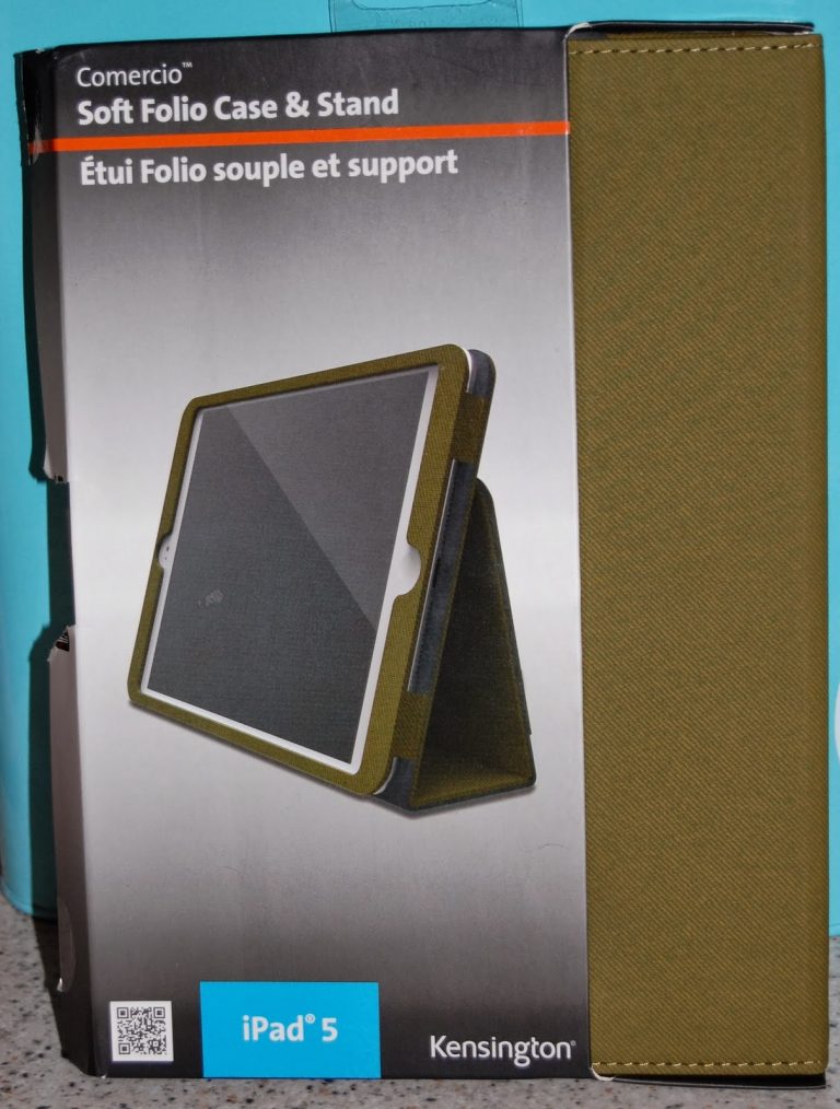 A retail box for a Kensington case, the Comercio Soft Folio Case & Stand for iPad 5, featuring an image of an iPad in a green folio case in a standing position. Text appears in both English and French—ideal for those seeking iPad Air accessories.