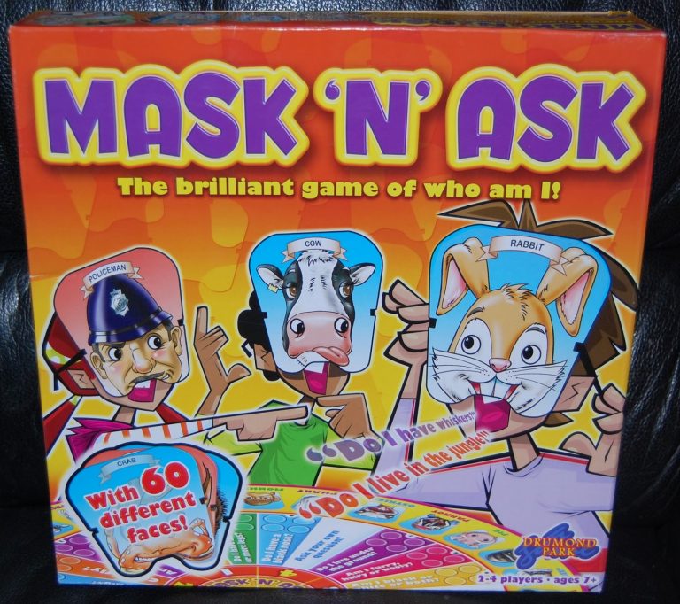 Board game box titled "MASK 'N' ASK" features cartoon children in playful masks—policeman, cow, rabbit. Boasting 60 different faces and a vibrant design, Mask 'N' Ask promises fun competition for all ages; perfect for your next games review!.