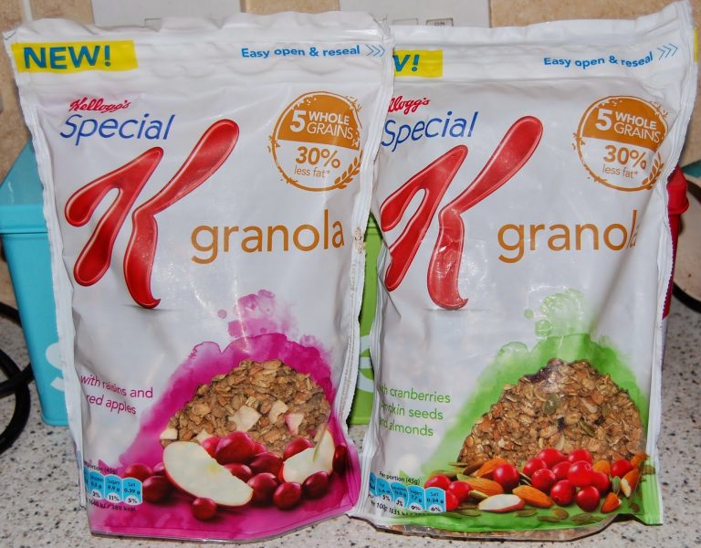 Two bags of Special K Granola, featuring “5 whole grains” and “30% less fat.” One bag is fruit and red apple flavour; the other combines cranberry, pumpkin seeds, and almonds—a perfect pick for your next Granola Review.