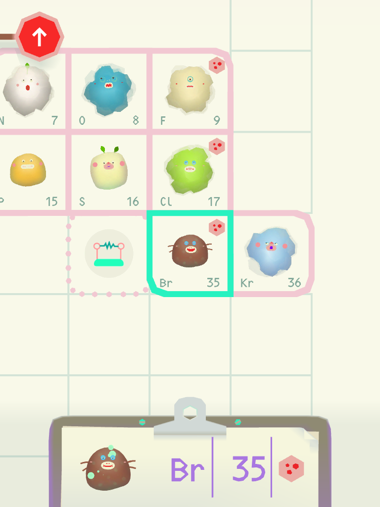 A game interface inspired by Toca Lab features a grid of cute, blob-like creatures in numbered boxes. The creature "Br" with the number 35 is highlighted, matching the details on a clipboard—perfect for your next app review.