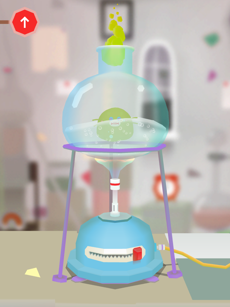 A cartoon-style chemistry set-up inspired by Toca Lab, with a round flask bubbling green liquid, steam rising from the top, and a blue electric heater below on a lab table. The background is a blurred laboratory scene.