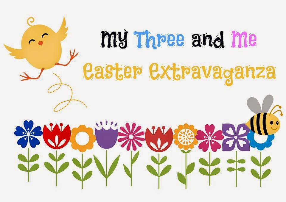 A cheerful yellow bird and a smiling bee are above colourful flowers and Easter eggs. Text reads, "My Three and Me Easter Extravaganza" in playful, bright fonts.