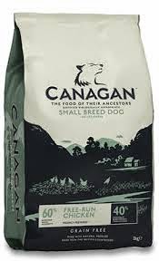 A bag of Canagan dog food for small breeds from PetShop, featuring a wolf logo and fields. The label highlights free-range chicken, grain-free, with 60% animal ingredients and 40% vegetables. Read a review to learn more about this nutritious option.
