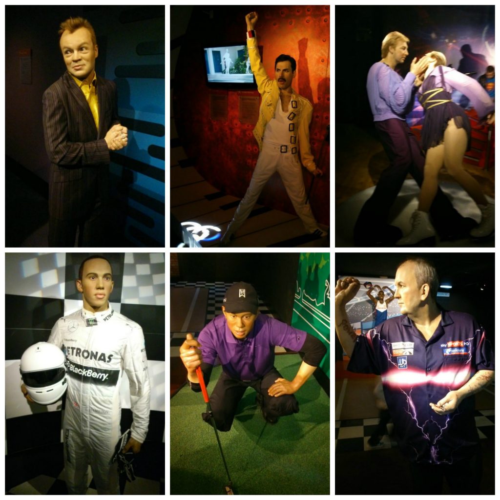 A collage of six Madame Tussauds wax figures: a man in a suit, a singer with a microphone, two people dancing, a racing car driver in white, a golfer crouching with a club, and a man aiming a dart.
